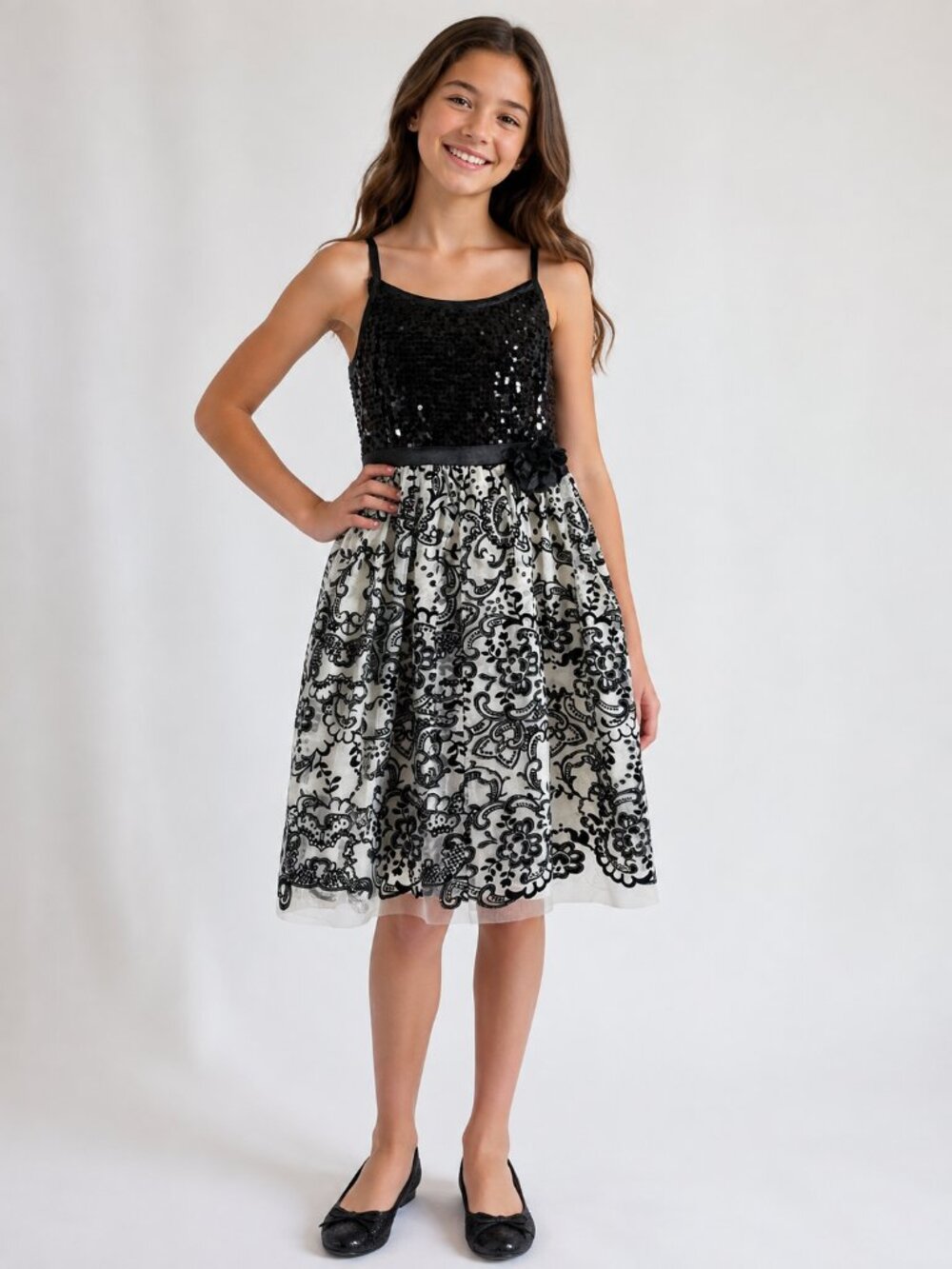 Justice Black White Sequin Tulle Party Dress Tie Sash Girls Size 14